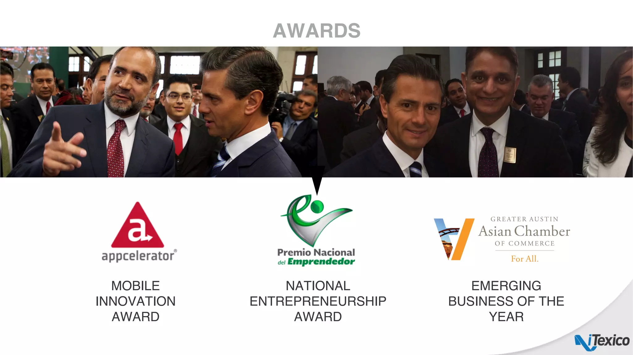 MOBILE
INNOVATION
AWARD
EMERGING
BUSINESS OF THE
YEAR
NATIONAL
ENTREPRENEURSHIP
AWARD
AWARDS
 