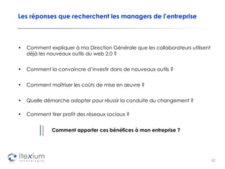Les réponses que recherchent les managers de l’entreprise Comment expliquer à ma Direction Générale que les collaborateurs utilisent déjà les nouveaux outils du web 2.0 ?  Comment la convaincre d’investir dans de nouveaux outils ? Comment maîtriser les coûts de mise en œuvre ? Quelle démarche adopter pour réussir la conduite du changement ? Comment tirer profit des réseaux sociaux ? Comment apporter ces bénéfices à mon entreprise ?  