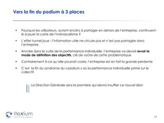 Vers la fin du podium à 3 places Pourquoi les utilisateurs, autant enclins à partager en dehors de l’entreprise, continuent-ils à jouer la carte de l’individualisme ?  L’effet tunnel joue : l’information utile ne circule pas et n’est pas partagée dans l’entreprise.  Ancrée dans le culte de la performance individuelle, l’entreprise va devoir  revoir le mode de définition des objectifs , clé de voûte de cette problématique Contrairement à ce qu’elle pourrait croire, l’entreprise est en fait la grande perdante C’est  la fin du syndrome du « podium » où la performance individuelle prime sur le collectif.  La Direction Générale sera la première qui devra insuffler ce nouvel élan 