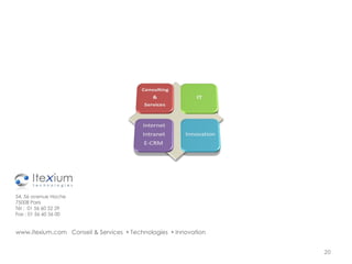 www.itexium.com  Conseil & Services    Technologies    Innovation 54, 56 avenue Hoche 75008 Paris Tél :  01 56 60 52 29 Fax : 01 56 60 56 00 