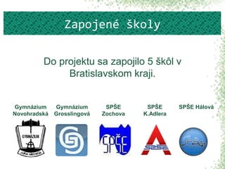 Do projektu sa zapojilo 5 škôl v
Bratislavskom kraji.
Zapojené školy
Gymnázium
Novohradská
Gymnázium
Grosslingová
SPŠE
Zochova
SPŠE
K.Adlera
SPŠE Hálová
 