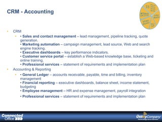 CRM - Accounting CRM •  Sales and contact management  – lead management, pipeline tracking, quote generation. •  Marketing automation  – campaign management, lead source, Web and search engine tracking. •  Executive dashboards  – key performance indicators. •  Customer service portal  – establish a Web-based knowledge base, ticketing and online training. •  Professional services  – statement of requirements and implementation plan Accounting & Reporting •   General Ledger  – accounts receivable, payable, time and billing, inventory management •  Financial reporting  – executive dashboards, balance sheet, income statement, budgeting •  Employee management  – HR and expense management, payroll integration •  Professional services  – statement of requirements and implementation plan   