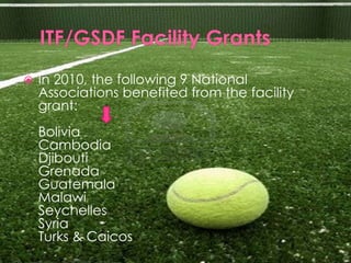    In 2010, the following 9 National
    Associations benefited from the facility
    grant:
    Bolivia
    Cambodia
    Djibouti
    Grenada
    Guatemala
    Malawi
    Seychelles
    Syria
    Turks & Caicos
 