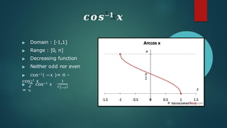𝒄𝒐𝒔−𝟏 𝒙
▶ Domain : [-1,1]
▶ Range : [0, π]
▶ Decreasing function
▶ Neither odd nor even
▶ cos−1( −𝑥 )= π -
cos−1 𝑥
𝑑
𝑥
▶
𝑑
cos−1 𝑥
= -
1
1−𝑥2
 