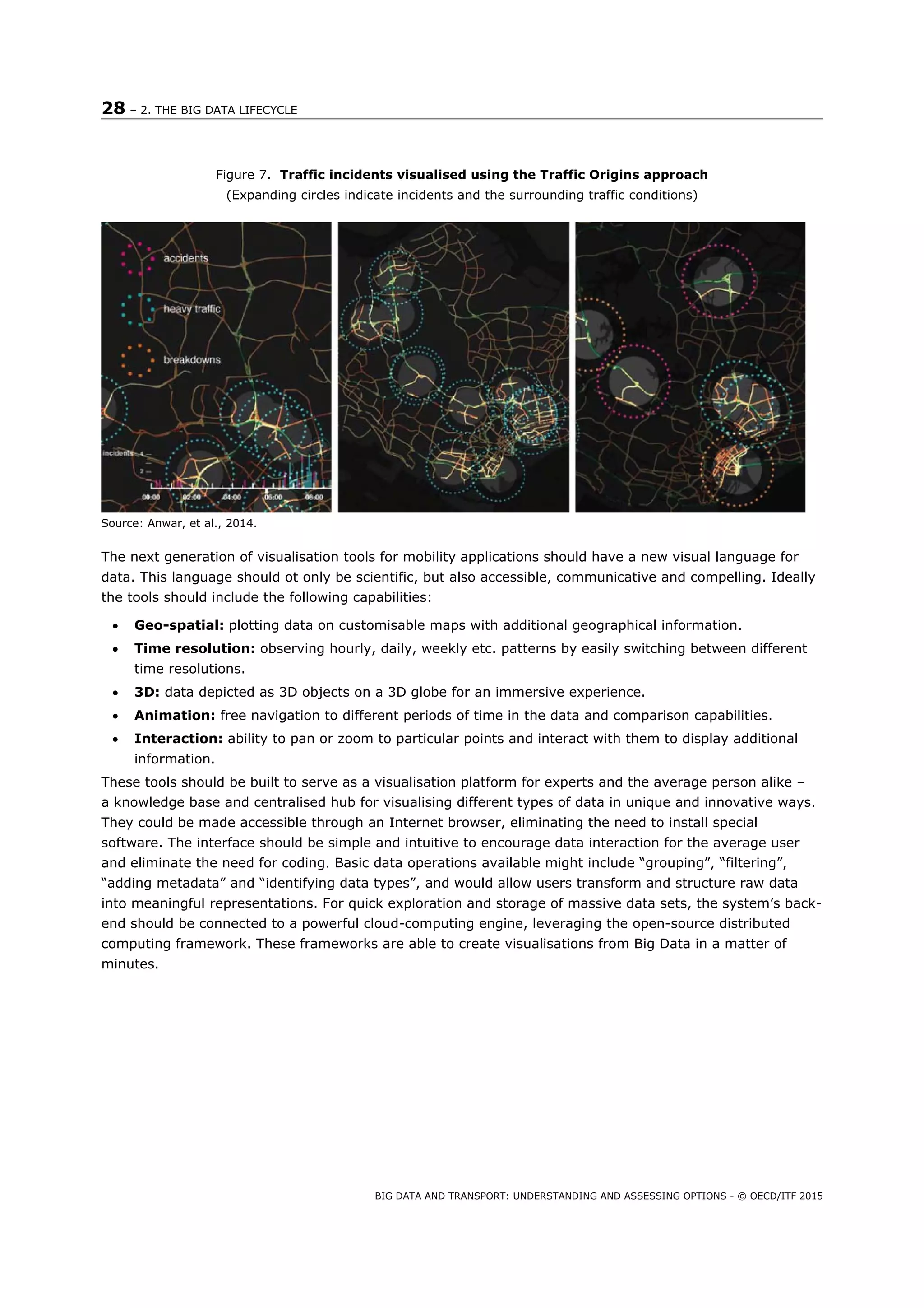 28 – 2. THE BIG DATA LIFECYCLE
BIG DATA AND TRANSPORT: UNDERSTANDING AND ASSESSING OPTIONS - © OECD/ITF 2015
Figure 7. Traffic incidents visualised using the Traffic Origins approach
(Expanding circles indicate incidents and the surrounding traffic conditions)
Source: Anwar, et al., 2014.
The next generation of visualisation tools for mobility applications should have a new visual language for
data. This language should ot only be scientific, but also accessible, communicative and compelling. Ideally
the tools should include the following capabilities:
 Geo-spatial: plotting data on customisable maps with additional geographical information.
 Time resolution: observing hourly, daily, weekly etc. patterns by easily switching between different
time resolutions.
 3D: data depicted as 3D objects on a 3D globe for an immersive experience.
 Animation: free navigation to different periods of time in the data and comparison capabilities.
 Interaction: ability to pan or zoom to particular points and interact with them to display additional
information.
These tools should be built to serve as a visualisation platform for experts and the average person alike –
a knowledge base and centralised hub for visualising different types of data in unique and innovative ways.
They could be made accessible through an Internet browser, eliminating the need to install special
software. The interface should be simple and intuitive to encourage data interaction for the average user
and eliminate the need for coding. Basic data operations available might include “grouping”, “filtering”,
“adding metadata” and “identifying data types”, and would allow users transform and structure raw data
into meaningful representations. For quick exploration and storage of massive data sets, the system’s back-
end should be connected to a powerful cloud-computing engine, leveraging the open-source distributed
computing framework. These frameworks are able to create visualisations from Big Data in a matter of
minutes.
 
