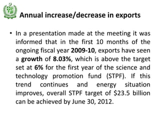 Annual increase/decrease in exports

• In a presentation made at the meeting it was
  informed that in the first 10 months of the
  ongoing fiscal year 2009-10, exports have seen
  a growth of 8.03%, which is above the target
  set at 6% for the first year of the science and
  technology promotion fund (STPF). If this
  trend continues and energy situation
  improves, overall STPF target of $23.5 billion
  can be achieved by June 30, 2012.
 