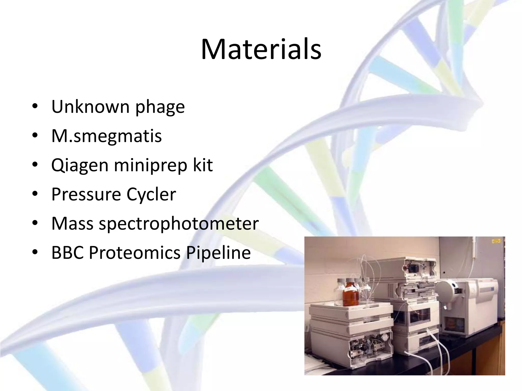 Materials
•   Unknown phage
•   M.smegmatis
•   Qiagen miniprep kit
•   Pressure Cycler
•   Mass spectrophotometer
•   BBC Proteomics Pipeline
 