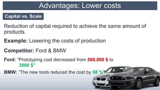 Advantages: Lower costs
Capital vs. Scale
Reduction of capital required to achieve the same amount of
products.
Example: Lowering the costs of production
Competitor: Ford & BMW
Ford: ”Prototyping cost decreased from 500,000 $ to
3000 $”
BMW: ”The new tools reduced the cost by 58 %”
 