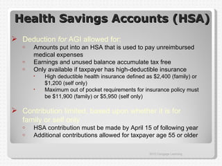 Health Savings Accounts (HSA)
 Deduction for AGI allowed for:
   o   Amounts put into an HSA that is used to pay unreimbursed
       medical expenses
   o   Earnings and unused balance accumulate tax free
   o   Only available if taxpayer has high-deductible insurance
       •   High deductible health insurance defined as $2,400 (family) or
           $1,200 (self only)
       •   Maximum out of pocket requirements for insurance policy must
           be $11,900 (family) or $5,950 (self only)

 Contribution limited, based upon whether it is for
  family or self only
   o   HSA contribution must be made by April 15 of following year
   o   Additional contributions allowed for taxpayer age 55 or older

                                                     2012 Cengage Learning
 