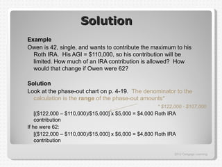 Solution
Example
Owen is 42, single, and wants to contribute the maximum to his
  Roth IRA. His AGI = $110,000, so his contribution will be
  limited. How much of an IRA contribution is allowed? How
  would that change if Owen were 62?

Solution
Look at the phase-out chart on p. 4-19. The denominator to the
  calculation is the range of the phase-out amounts*
                                                      * $122,000 - $107,000
    [($122,000 – $110,000)/$15,000] x $5,000 = $4,000 Roth IRA
    contribution
If he were 62:
    [($122,000 – $110,000)/$15,000] x $6,000 = $4,800 Roth IRA
    contribution

                                                             2012 Cengage Learning
 
