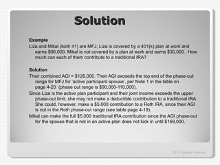 Solution
Example
Liza and Mikal (both 41) are MFJ; Liza is covered by a 401(k) plan at work and
   earns $96,000. Mikal is not covered by a plan at work and earns $30,000. How
   much can each of them contribute to a traditional IRA?

Solution
Their combined AGI = $126,000. Their AGI exceeds the top end of the phase-out
   range for MFJ for ‘active participant spouse’, per Note 1 in the table on
   page 4-20 (phase out range is $90,000-110,000).
Since Liza is the active plan participant and their joint income exceeds the upper
   phase-out limit, she may not make a deductible contribution to a traditional IRA.
   She could, however, make a $5,000 contribution to a Roth IRA, since their AGI
   is not in the Roth phase-out range (see table page 4-19).
Mikal can make the full $5,000 traditional IRA contribution since the AGI phase-out
   for the spouse that is not in an active plan does not kick in until $169,000.




                                                                       2012 Cengage Learning
 