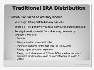 Traditional IRA Distribution
 Distribution    taxed as ordinary income
   ◦ Must begin taking distributions by age 70.5
   ◦ There’s a 10% penalty if you take distribution before age 59.5
   ◦ Penalty-free withdrawals from IRAs may be made by
     taxpayers who are:
      Disabled
      Using special level payment option
      Purchasing a home for the first time (up to $10,000)
      Paying higher education expenses
      Paying medical expenses > 7.5% of AGI or medical insurance
       premiums for dependents and on unemployment at least 12
       weeks

                                                              2012 Cengage Learning
 
