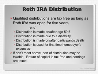 Roth IRA Distribution
 Qualifieddistributions are tax free as long as
  Roth IRA was open for five years
                and
   ◦ Distribution is made on/after age 59.5
   ◦ Distribution is made due to a disability
   ◦ Distribution is made on/after participant’s death
   ◦ Distribution is used for first time homebuyer’s
     expenses
 If don’t meet above, part of distribution may be
  taxable. Return of capital is tax-free and earnings
  are taxed.

                                                  2012 Cengage Learning
 