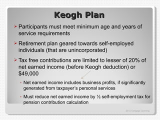 Keogh Plan
 Participants
             must meet minimum age and years of
 service requirements
 Retirement  plan geared towards self-employed
 individuals (that are unincorporated)
 Taxfree contributions are limited to lesser of 20% of
 net earned income (before Keogh deduction) or
 $49,000
  ◦ Net earned income includes business profits, if significantly
    generated from taxpayer’s personal services
  ◦ Must reduce net earned income by ½ self-employment tax for
    pension contribution calculation
                                                       2012 Cengage Learning
 