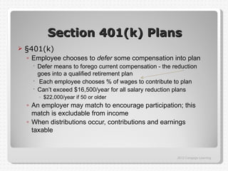 Section 401(k) Plans
   §401(k)
    ◦ Employee chooses to defer some compensation into plan
       Defer means to forego current compensation - the reduction
        goes into a qualified retirement plan
       Each employee chooses % of wages to contribute to plan
       Can’t exceed $16,500/year for all salary reduction plans
        ◦ $22,000/year if 50 or older
    ◦ An employer may match to encourage participation; this
      match is excludable from income
    ◦ When distributions occur, contributions and earnings
      taxable



                                                          2012 Cengage Learning
 
