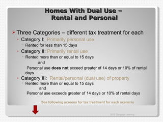 Homes With Dual Use –
                Rental and Personal

 Three   Categories – different tax treatment for each
 ◦ Category I: Primarily personal use
    Rented for less than 15 days
 ◦ Category II: Primarily rental use
    Rented more than or equal to 15 days
           and
      Personal use does not exceed greater of 14 days or 10% of rental
     days
 ◦ Category III: Rental/personal (dual use) of property
    Rented more than or equal to 15 days
            and
     Personal use exceeds greater of 14 days or 10% of rental days

             See following screens for tax treatment for each scenario


                                                       2012 Cengage Learning
 
