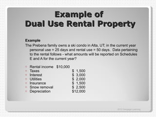 Example of
Dual Use Rental Property
Example
The Prebena family owns a ski condo in Alta, UT; in the current year
  personal use = 25 days and rental use = 50 days. Data pertaining
  to the rental follows - what amounts will be reported on Schedules
  E and A for the current year?

o   Rental income $10,000
o   Taxes                 $ 1,500
o   Interest              $ 3,000
o   Utilities             $ 2,000
o   Insurance             $ 1,500
o   Snow removal          $ 2,500
o   Depreciation          $12,000



                                                       2012 Cengage Learning
 
