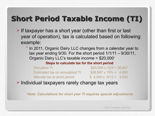 Short Period Taxable Income (TI)
  Iftaxpayer has a short year (other than first or last
   year of operation), tax is calculated based on following
   example:
        ° In 2011, Organic Dairy LLC changes from a calendar year to
          tax year ending 9/30. For the short period 1/1/11 – 9/30/11,
          Organic Dairy LLC’s taxable income = $20,000*
                    Steps to calculate tax for the short period
            Annualize TI                          $20,000 x 12/9 = 26,667
            Estimated tax on annualized TI       $26,667 x 15% = 4,000
            Allocate tax to short period         $ 4,000 x 9/12 = 3,000
  Individual     taxpayers rarely change tax years

        *Note: Calculations for short year TI requires special adjustments


                                                         2012 Cengage Learning
 