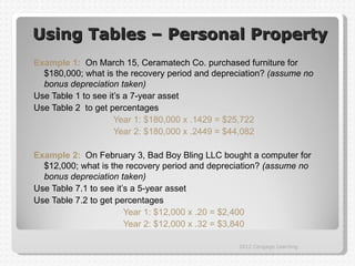 Using Tables – Personal Property
Example 1: On March 15, Ceramatech Co. purchased furniture for
  $180,000; what is the recovery period and depreciation? (assume no
  bonus depreciation taken)
Use Table 1 to see it’s a 7-year asset
Use Table 2 to get percentages
                     Year 1: $180,000 x .1429 = $25,722
                     Year 2: $180,000 x .2449 = $44,082

Example 2: On February 3, Bad Boy Bling LLC bought a computer for
  $12,000; what is the recovery period and depreciation? (assume no
  bonus depreciation taken)
Use Table 7.1 to see it’s a 5-year asset
Use Table 7.2 to get percentages
                        Year 1: $12,000 x .20 = $2,400
                        Year 2: $12,000 x .32 = $3,840

                                                 2012 Cengage Learning
 