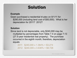 Solution
Example
Gwen purchased a residential tri-plex on 8/1/11 for
  $290,000 (including land cost of $50,000). What is her
  depreciation for 2011? 2012?

Solution
Since land is not depreciable, only $240,000 may be
  multiplied by percentages from Table 7.4 on page 7-13
  (27.5-year residential real property). The purchase
  occurred in the eighth month; therefore, depreciation
  equals
       2011 $240,000 x 1.364% = $3,274
       2012 $240,000 x 3.636% = $8,726

                                        2012 Cengage Learning
 