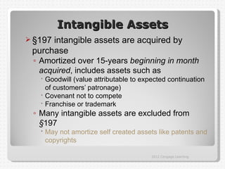 Intangible Assets
 §197intangible assets are acquired by
 purchase
 ◦ Amortized over 15-years beginning in month
   acquired, includes assets such as
    Goodwill (value attributable to expected continuation
     of customers’ patronage)
    Covenant not to compete
    Franchise or trademark
 ◦ Many intangible assets are excluded from
   §197
    May not amortize self created assets like patents and
     copyrights

                                        2012 Cengage Learning
 