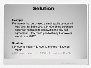 Solution

Example
FionaWear Inc. purchased a small textile company in
  May 2011 for $980,000. $54,000 of the purchase
  price was allocated to goodwill in the buy-sell
  agreement. How much goodwill may FionaWear
  amortize in 2011?

Solution
$54,000/15 years = $3,600/12 months = $300 per
  month
§197 amortization     $300 x 8 months = $2,400


                                        2012 Cengage Learning
 