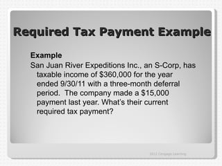Required Tax Payment Example

  Example
  San Juan River Expeditions Inc., an S-Corp, has
   taxable income of $360,000 for the year
   ended 9/30/11 with a three-month deferral
   period. The company made a $15,000
   payment last year. What’s their current
   required tax payment?




                                   2012 Cengage Learning
 