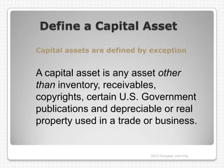Define a Capital Asset

Capital assets are defined by exception


A capital asset is any asset other
than inventory, receivables,
copyrights, certain U.S. Government
publications and depreciable or real
property used in a trade or business.


                             2012 Cengage Learning
 