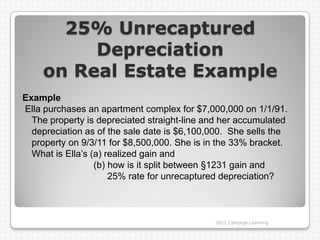 25% Unrecaptured
         Depreciation
    on Real Estate Example
Example
Ella purchases an apartment complex for $7,000,000 on 1/1/91.
  The property is depreciated straight-line and her accumulated
  depreciation as of the sale date is $6,100,000. She sells the
  property on 9/3/11 for $8,500,000. She is in the 33% bracket.
  What is Ella‟s (a) realized gain and
                  (b) how is it split between §1231 gain and
                      25% rate for unrecaptured depreciation?



                                             2012 Cengage Learning
 