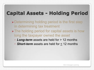 Capital Assets - Holding Period
  Determining  holding period is the first step
   in determining tax treatment
  The holding period for capital assets is how
   long the taxpayer owned the asset
   ◦ Long-term assets are held for > 12 months
   ◦ Short-term assets are held for < 12 months




                                    2012 Cengage Learning
 