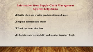 Information from Supply Chain Management
Systems helps firms
 Decide when and what to produce, store, and move
 Rapidly communicate orders
 Track the status of orders.
 Check inventory availability and monitor inventory levels
 