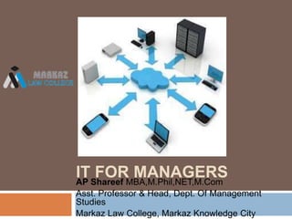 IT FOR MANAGERSAP Shareef MBA,M.Phil,NET,M.Com
Asst. Professor & Head, Dept. Of Management
Studies
Markaz Law College, Markaz Knowledge City
 