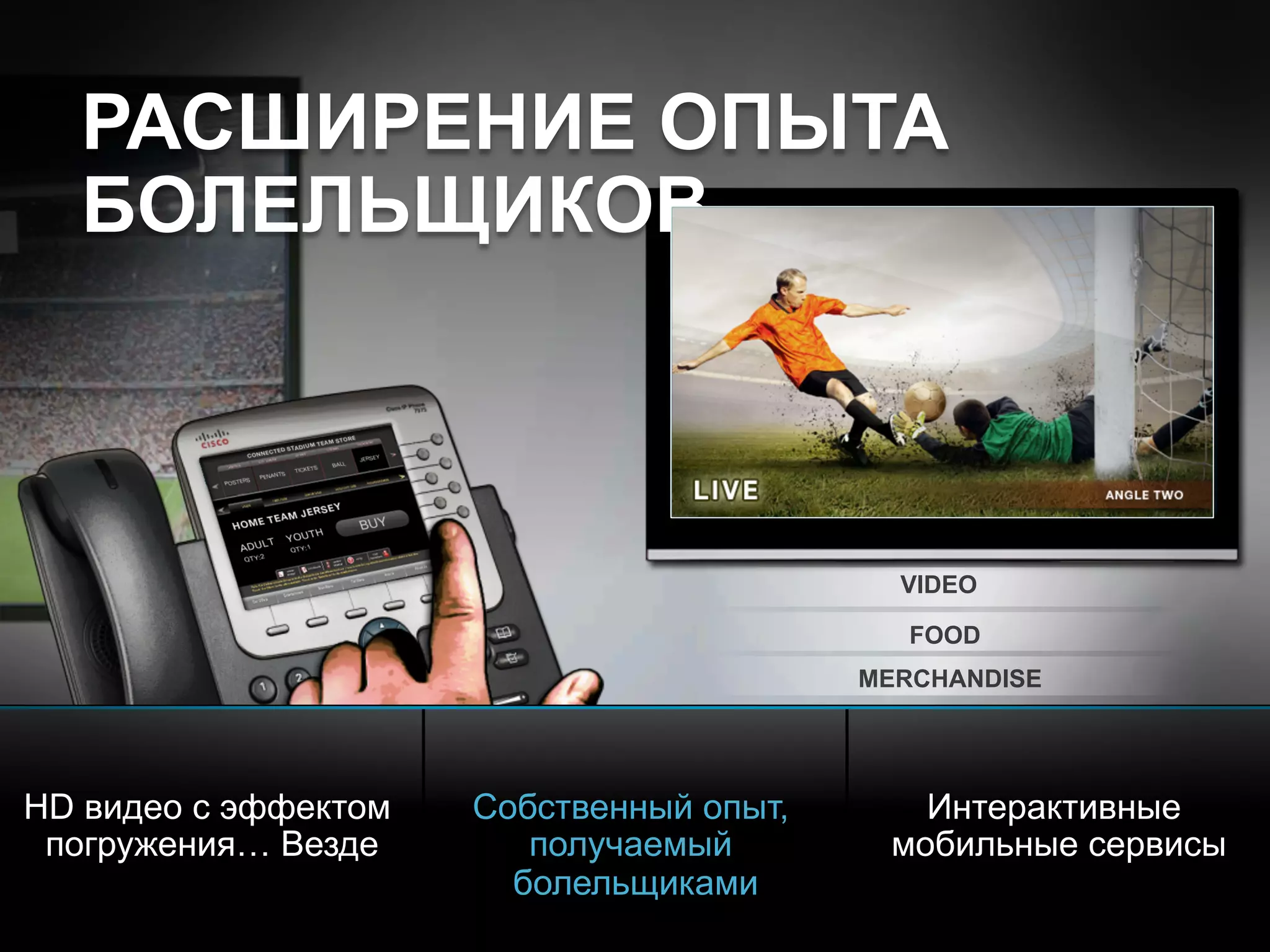 © 2010 Cisco and/or its affiliates. All rights reserved. Cisco ConfidentialPresentation_ID 13
VIDEO
FOOD
MERCHANDISE
РАСШИРЕНИЕ ОПЫТА
БОЛЕЛЬЩИКОВ
HD видео с эффектом
погружения… Везде
Собственный опыт,
получаемый
болельщиками
Интерактивные
мобильные сервисы
WELCOME
 