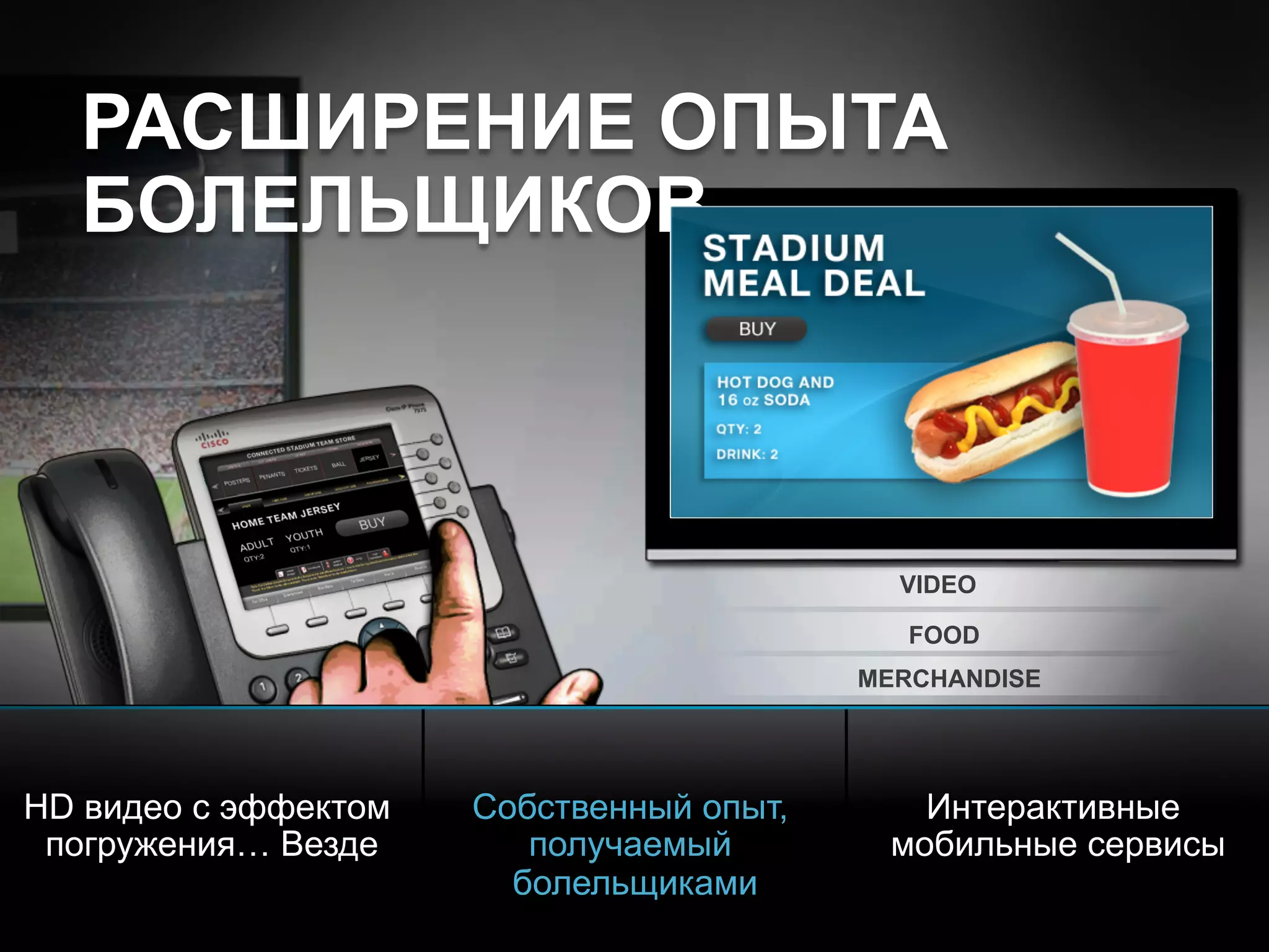 © 2010 Cisco and/or its affiliates. All rights reserved. Cisco ConfidentialPresentation_ID 14
VIDEO
FOOD
MERCHANDISE
РАСШИРЕНИЕ ОПЫТА
БОЛЕЛЬЩИКОВ
HD видео с эффектом
погружения… Везде
Собственный опыт,
получаемый
болельщиками
Интерактивные
мобильные сервисы
WELCOME
 