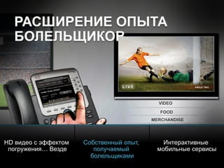 © 2010 Cisco and/or its affiliates. All rights reserved. Cisco ConfidentialPresentation_ID 13
VIDEO
FOOD
MERCHANDISE
РАСШИРЕНИЕ ОПЫТА
БОЛЕЛЬЩИКОВ
HD видео с эффектом
погружения… Везде
Собственный опыт,
получаемый
болельщиками
Интерактивные
мобильные сервисы
WELCOME
 