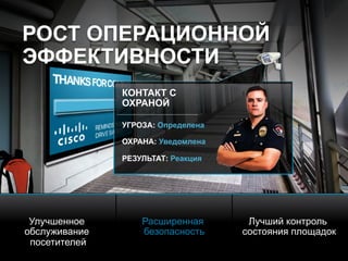 © 2010 Cisco and/or its affiliates. All rights reserved. Cisco ConfidentialPresentation_ID 23
КОНТАКТ С
ОХРАНОЙ
УГРОЗА: Определена
ОХРАНА: Уведомлена
РЕЗУЛЬТАТ: Реакция
РОСТ ОПЕРАЦИОННОЙ
ЭФФЕКТИВНОСТИ
Улучшенное
обслуживание
посетителей
Расширенная
безопасность
Лучший контроль
состояния площадок
 