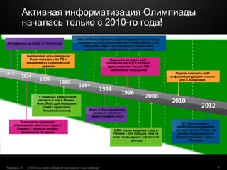 © 2010 Cisco and/or its affiliates. All rights reserved. Cisco ConfidentialPresentation_ID 6
Фотофиниш на играх в Стокгольме
Технологии начинают
завоевывать место на играх в
Париже с первым онлайн-
вещаением по радио
Берлинские игры впервые
были показаны по ТВ с
вещанием из Олимпийской
деревни
TV команды пересылали
кассеты с игр в Риме в
Нью_Йорк для большего
охвата аудитории
Олимпийских игр
Игры в Токио первыми задействовали компьютер и
первыми использовали цветное изображение с его
передачей через спутник в США. Результаты
соревнований сохранялись на компьютере
Игры в Лос-Анджелесе
впервые активно
задействовали email
Первый в истории сайт
Олимпийских игр в Атланте
сразу получает свыше 189
миллионов посещений
3,600 часов вещания с игр в
Пекине – это больше, чем со
всех предыдущих игр вместе
взятых
Первая полностью IP-
инфраструктура для зимних
игр в Ванкувере
BT обеспечивает
наиболее совершенную
конвергентную IP сеть на
летних Олимпийских и
Паралимпийских играх в
Лондоне
Активная информатизация Олимпиады
началась только с 2010-го года!
 