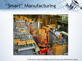 Image Source: https://en.wikipedia.org/wiki/Industrial_robot (KUKA Roboter GmbH)
“Smart” Manufacturing
 
