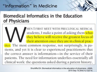 Shortliffe EH. Biomedical informatics in the education of physicians. JAMA.
2010 Sep 15;304(11):1227-8.
“Information” in Medicine
 