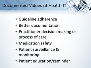 • Guideline adherence
• Better documentation
• Practitioner decision making or
process of care
• Medication safety
• Patient surveillance &
monitoring
• Patient education/reminder
Documented Values of Health IT
 