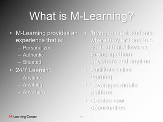 What is M-Learning?
• M-Learning provides an        • Trying to meet students
  experience that is:             where they are and in a
  – Personalized                  context that allows us
  – Authentic                     to engage them
  – Situated                      anywhere and anytime
• 24/7 Learning                 • Facilitate active
  – Anytime                       learning
  – Anything                    • Leverages mobile
  – Anywhere                      platform
                                • Creates new
                                  opportunities
                           11
 