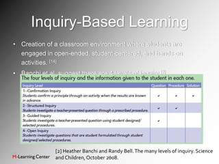 Inquiry-Based Learning
• Creation of a classroom environment where students are
  engaged in open-ended, student-centered, and hands-on
  activities. [14]
• Banchi et al. suggest there are 4 levels of inquiry [2]




               [2] Heather Banchi and Randy Bell. The many levels of inquiry. Science
                                      16
               and Children, October 2008.
 