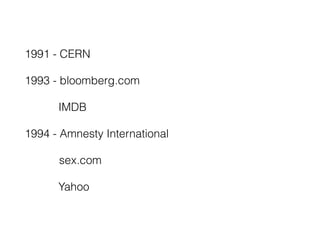 1991 - CERN
1993 - bloomberg.com
IMDB
1994 - Amnesty International
sex.com
Yahoo
 