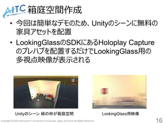 Copyright © 2020 Advanced IT Consortium to Evaluate, Apply and Drive All Rights Reserved.
箱庭空間作成
16
• 今回は簡単なデモのため、Unityのシーンに無料の
家具アセットを配置
• LookingGlassのSDKにあるHoloplay Capture
のプレハブを配置するだけでLookingGlass用の
多視点映像が表示される
Unityのシーン 緑の枠が箱庭空間 LookingGlass用映像
 