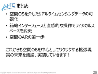 Copyright © 2020 Advanced IT Consortium to Evaluate, Apply and Drive All Rights Reserved.
まとめ
• 空間OSを介したリアルタイムセンシングデータの可
視化
• 箱庭インターフェースと直感的な操作でフィジカルス
ペースを変更
• 空間のARの第一歩
これからも空間OSを中心としてワクワクする拡張現
実の未来を議論、実装していきます！
29
 