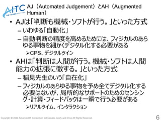 Copyright © 2020 Advanced IT Consortium to Evaluate, Apply and Drive All Rights Reserved.
AJ（Automated Judgement）とAH（Augmented
Human）
• AJは「判断も機械・ソフトが行う。」といった方式
– いわゆる「自動化」
– 自動判断の精度を高めるためには、フィジカルのあら
ゆる事物を細かくデジタル化する必要がある
CPS、デジタルツイン
• AHは「判断は人間が行う。機械・ソフトは人間
能力の拡張に徹する。」といった方式
– 稲見先生のいう「自在化」
– フィジカルのあらゆる事物を予め全てデジタル化する
必要はないが、局所的なサポートのためのセンシン
グ・計算・フィードバックは一瞬で行う必要がある
リアルタイム、インタラクション
6
 