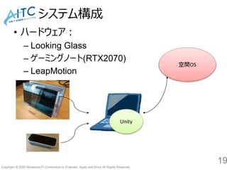Copyright © 2020 Advanced IT Consortium to Evaluate, Apply and Drive All Rights Reserved.
システム構成
• ハードウェア：
– Looking Glass...