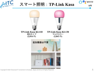 Copyright © 2020 Advanced IT Consortium to Evaluate, Apply and Drive All Rights Reserved. 5
スマート照明：TP-Link Kasa
TP-Link Ka...