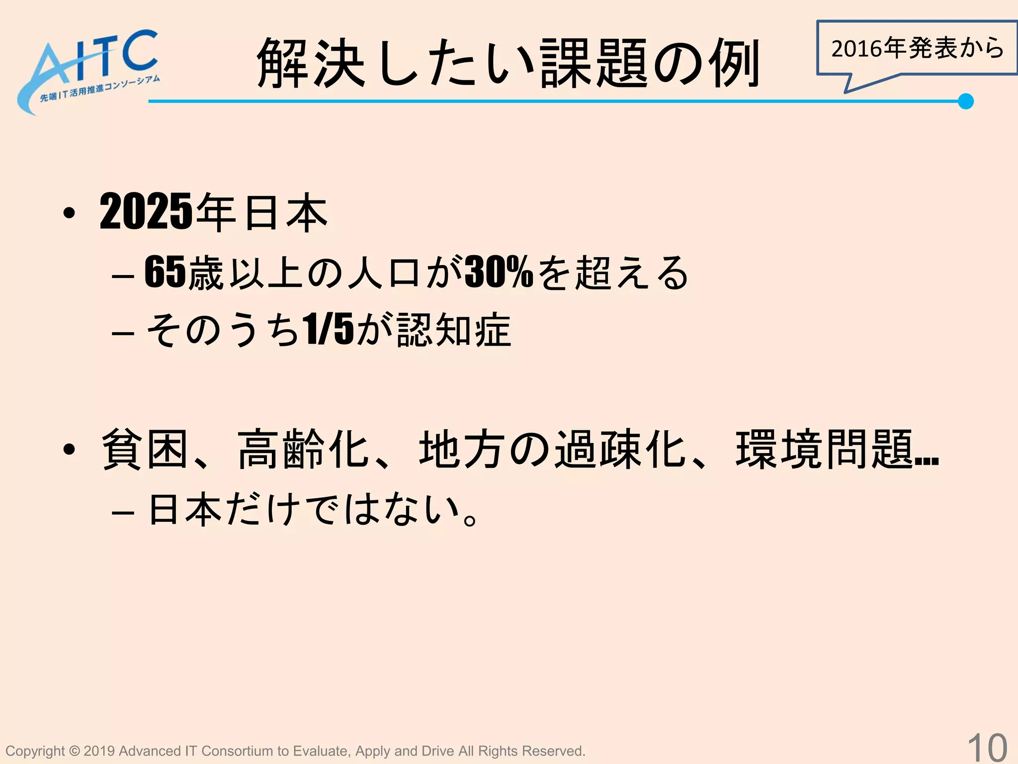 Copyright © 2019 Advanced IT Consortium to Evaluate, Apply and Drive All Rights Reserved.
解決したい課題の例
• 2025年日本
– 65歳以上の人口が30%を超える
– そのうち1/5が認知症
• 貧困、高齢化、地方の過疎化、環境問題…
– 日本だけではない。
10
2016年発表から
 
