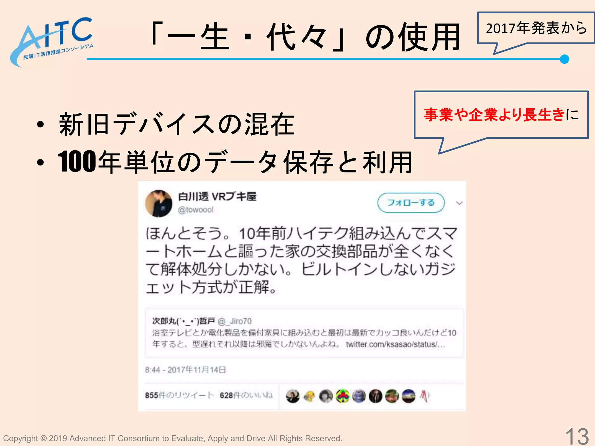 Copyright © 2019 Advanced IT Consortium to Evaluate, Apply and Drive All Rights Reserved.
「一生・代々」の使用
13
• 新旧デバイスの混在
• 100年単位のデータ保存と利用
事業や企業より長生きに
2017年発表から
 